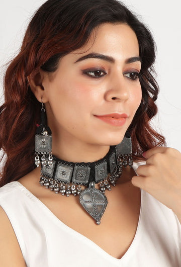 Black Thread & Square Motif German Silver Tribal Choker & Earrings